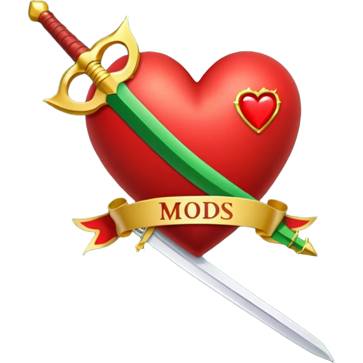 a red heart pierced by a green sword, with the golden text 'MODS' on a white ribbon emoji