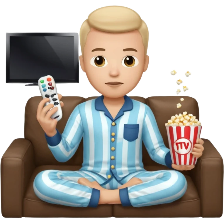 male memoji, in pajamas, sitting on couch, holding TV remote controller, relaxed face, casual home vibe, popcorn bucket on couch emoji