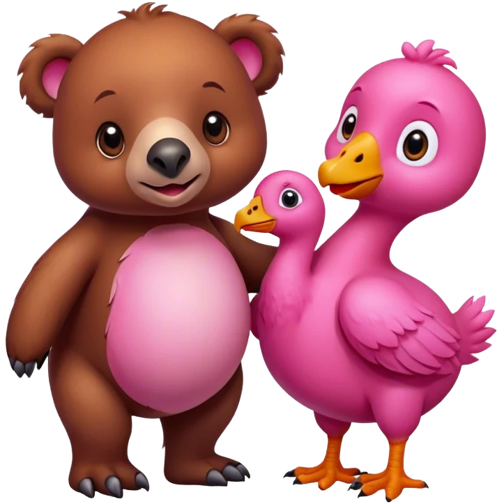 A cute brown bear and a realistic cute pink dodo closely together emoji