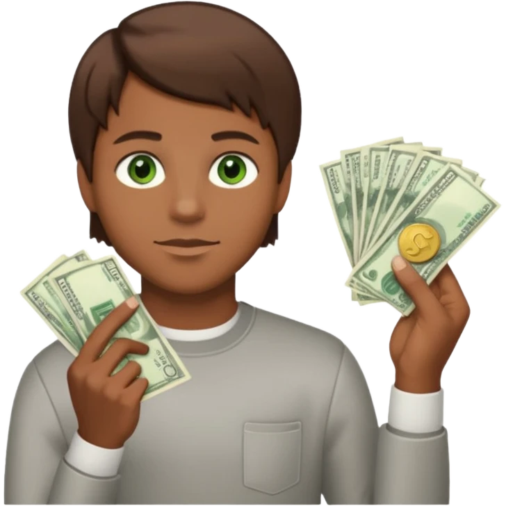green eyes. handsome. young man. brown skin. brown hair. straight hair. short hair. white race. Holding money with his left hand emoji
