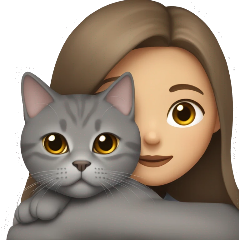 small British shorthair grey cat hugging long brown hair white woman emoji