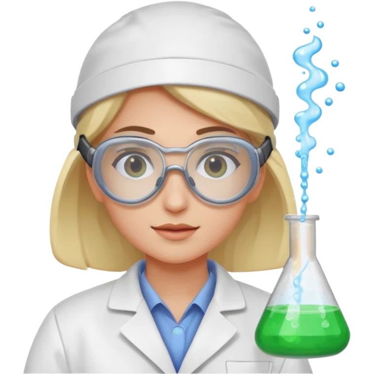 A person wearing safety goggles and a white coat is experimenting with chemicals. emoji