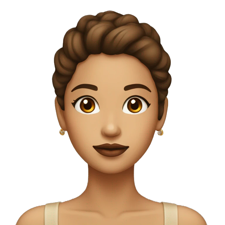 Chica con el pelo largo y castaño oscuro ojos marrones y top beige y labios color natural emoji