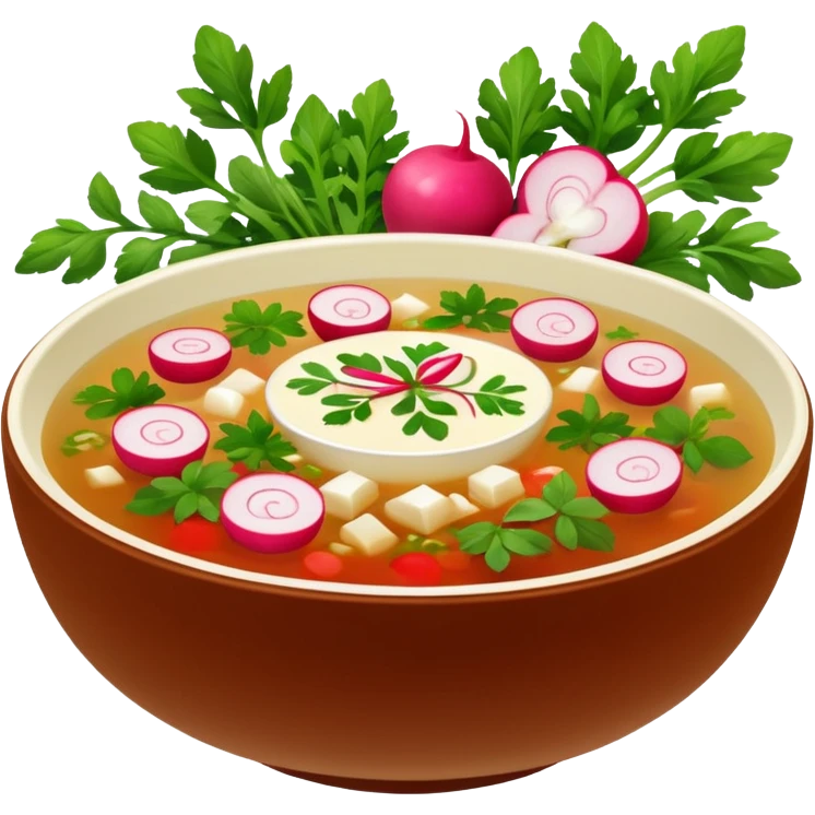 Russian okroshka cold soup with kvass in a bowl emoji
