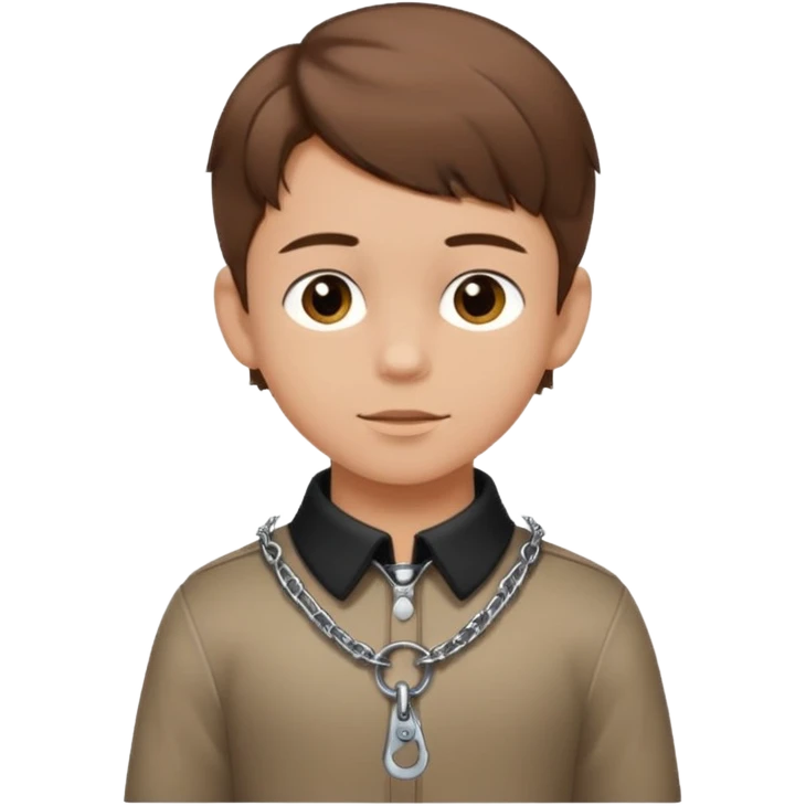 brown-haired boy, young, satisfied look, collar and leash around his neck, minimal bdsm clothing, emoji