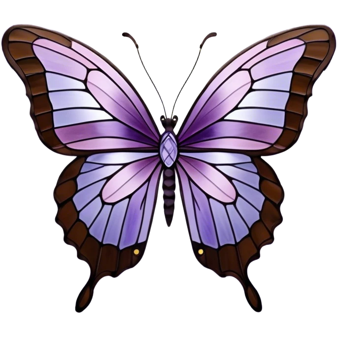 a stunningly detailed butterfly with lilac and ice-purple wings, adorned with an elegant mosaic-like pattern resembling stained glass. The wings should display a harmonious blend of swirling and geometric designs, giving them a mystical and artistic feel. The butterfly should have a graceful, elongated body with a subtle metallic sheen, enhancing its enchanting presence. emoji