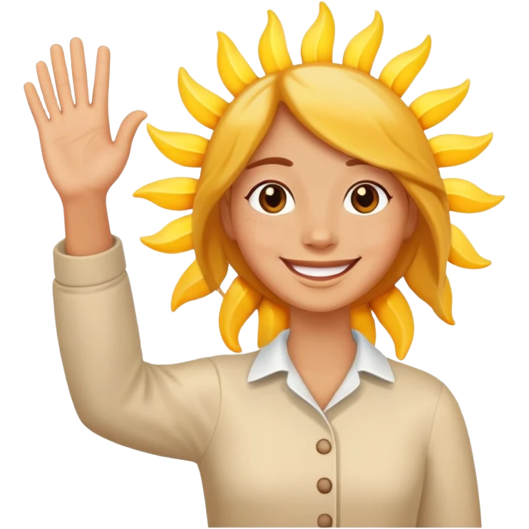 a person waving and saying good morning, sun rising in background, cheerful and friendly emoji