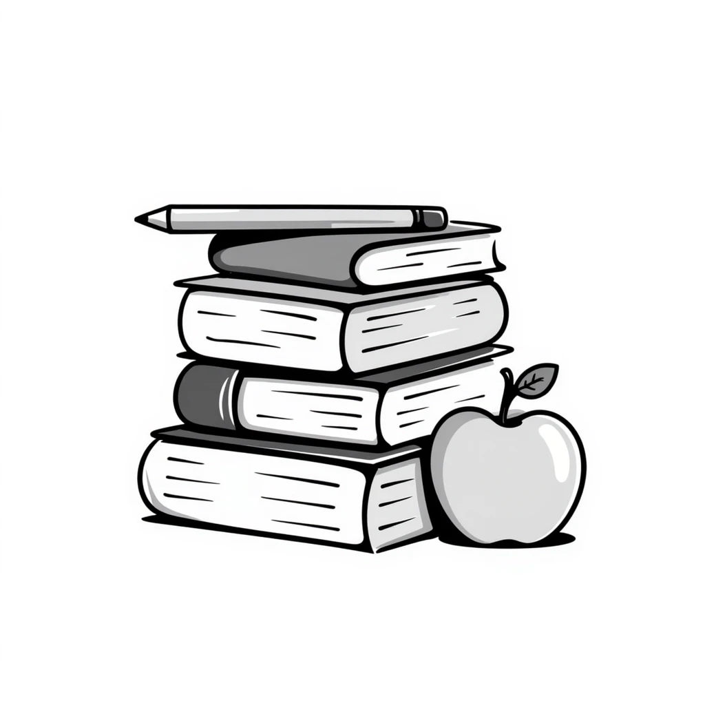 Stack of textbooks with pencil and apple emoji