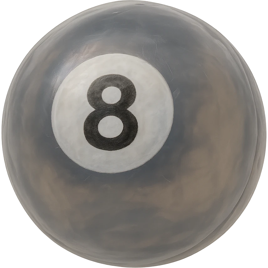 pool billiards 8-ball, retro 90's toy style, very transparent, slightly see-through, black with white circle and number 8, soft plastic texture, soft reflections, soft and squishy, some cloudiness, not shiny, highly detailed, appealing, no tag, no background emoji