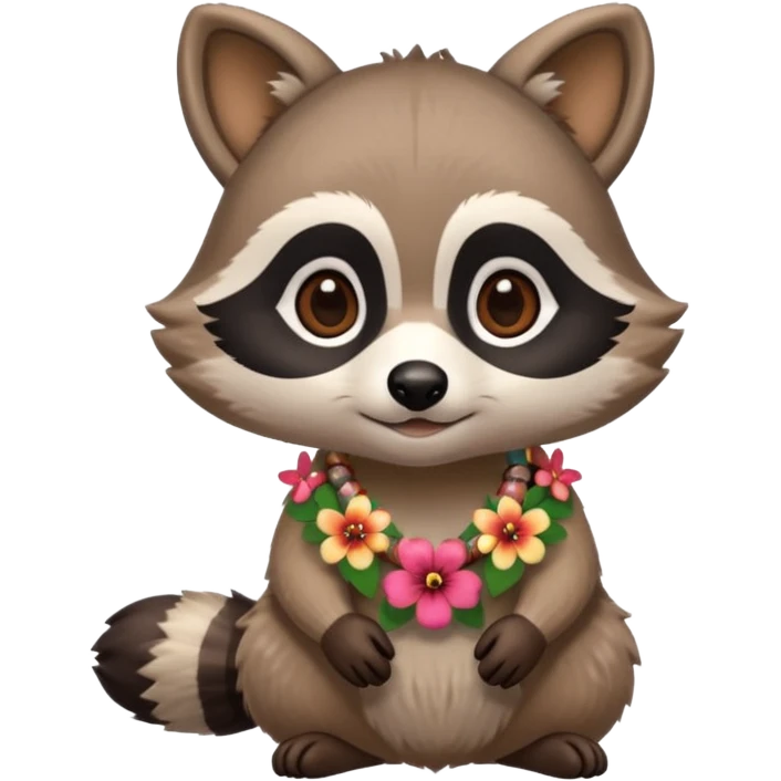A cute chibi playful raccoon wearing a hawaiian flower necklace, looking festive. emoji