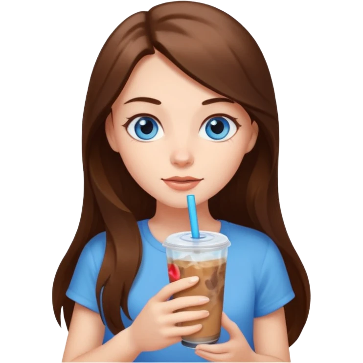 a girl with blue eyes and long brown hair holding an iced coffee in her hand emoji
