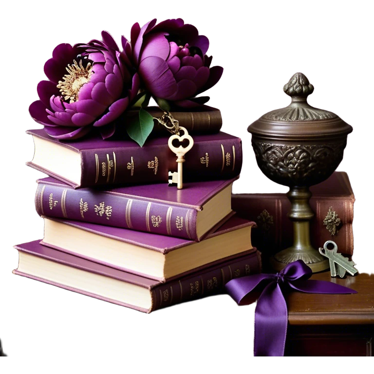 A beautifully arranged stack of mulberry-colored books sits on an antique wooden table, adorned with lush, deep aubergine peonies whose velvety petals spill gently over the edges. Beside them, a delicate love letter, sealed with a wax stamp in rich Tyrian purple, rests gracefully, its edges slightly curled with time. The scene is bathed in warm, golden candlelight, casting soft shadows that enhance the depth of the regal hues. A fine silk ribbon in a matching plum shade winds around the books, securing a tiny, ornate key—perhaps holding the promise of a secret yet to be unveiled. emoji