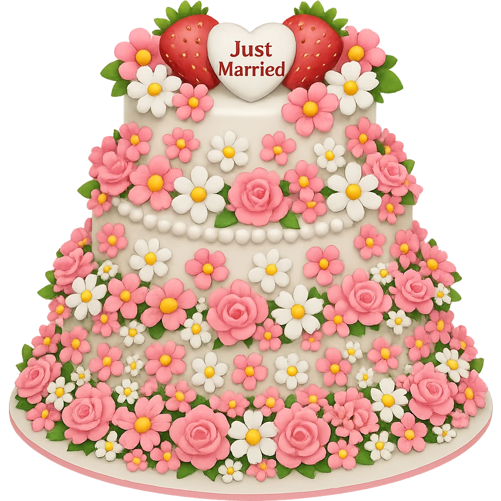 Add even more pink and white flowers to the white wedding cake with strawberries and 'Just Married' topper in emoji style, with no background. The style should resemble emoji style with vibrant colors and simple shapes. emoji