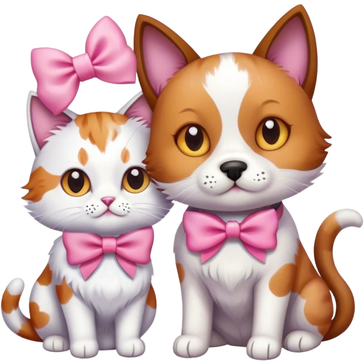 dog and a cat together with a pink bow cute emoji