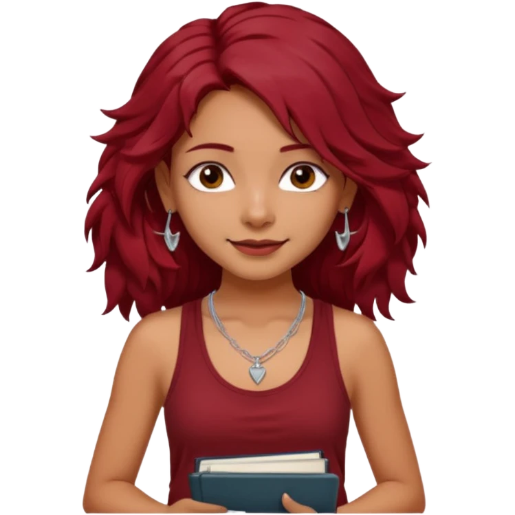 a pretty tan indian bratz girl with messy dark wavyred hair, wearing a dark red tank top, layered silver necklaces. Carrying multiple sketchbooks and pens emoji