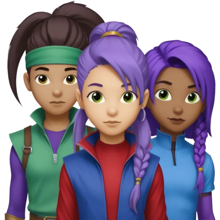 Solo poly platonic relationship, one African girl, one Asian boy, one biracial features Asian tomboy girl rat-tail hair long and upper masculine hair 90s, vampire and marvel cosplay elements inspired  use marvel race, like instead of obvious human, green purple blue etc,  emoji