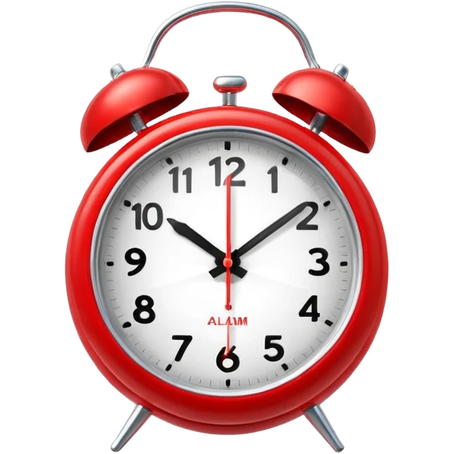 “Classic alarm clock emoji ⏰ in clean 3D style, smooth rounded clock body, bright red color, shiny metallic bells, ultra-glossy plastic texture, reflective surface, clear clock face with simple hands, soft studio lighting, subtle highlights, cute emoji proportions, ultra-polished 3D look,  emoji