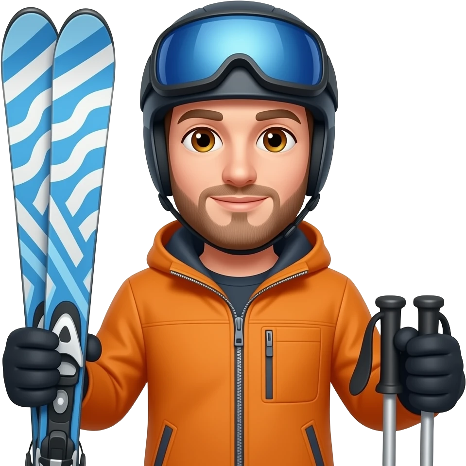 man holding blue and white patterned skis in one hand and poles in the other, no beard, no helment, hazel eyes, organge jacket no pockets, emoji