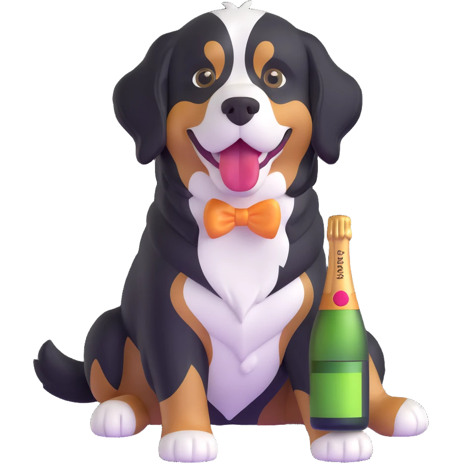 bernese mountain dog with a toy champagne bottle in its mouth, looking up emoji