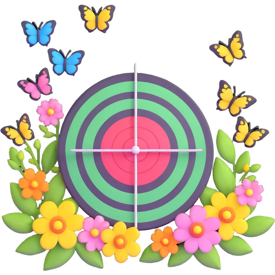 A target bullseye with butterflies and spring blossoms emoji
