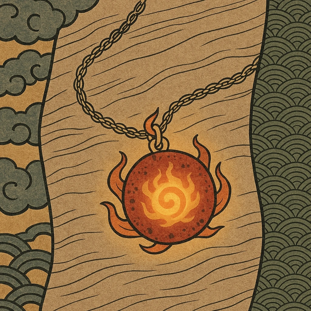 red ball granite pendant as a talisman, glowing with ancient fire, delicate gold chain emoji