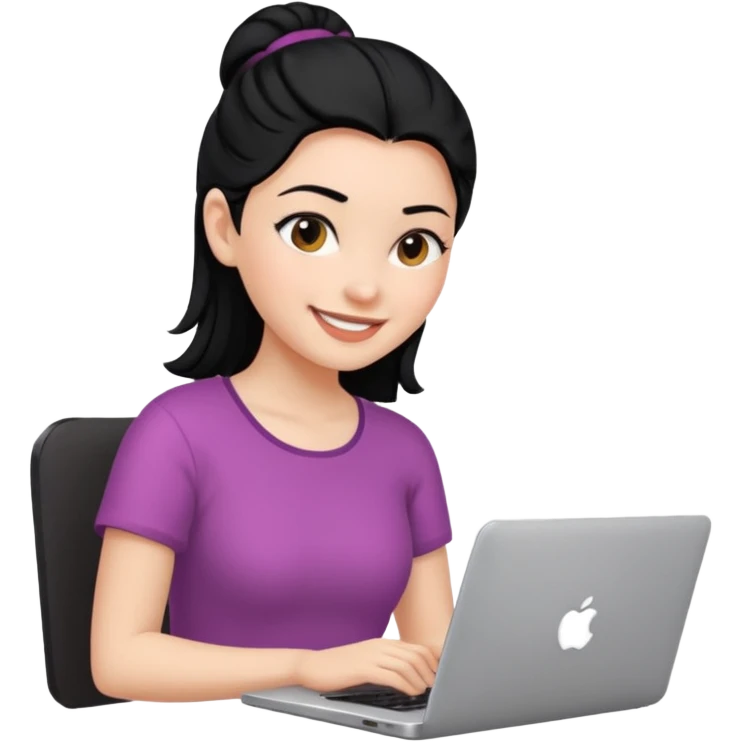 girl using her laptop smiling and black hair backwards emoji