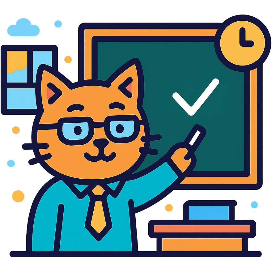cat teacher writing on a blackboard with chalk, classroom background, cheerful and lively feeling, color outline icon style emoji