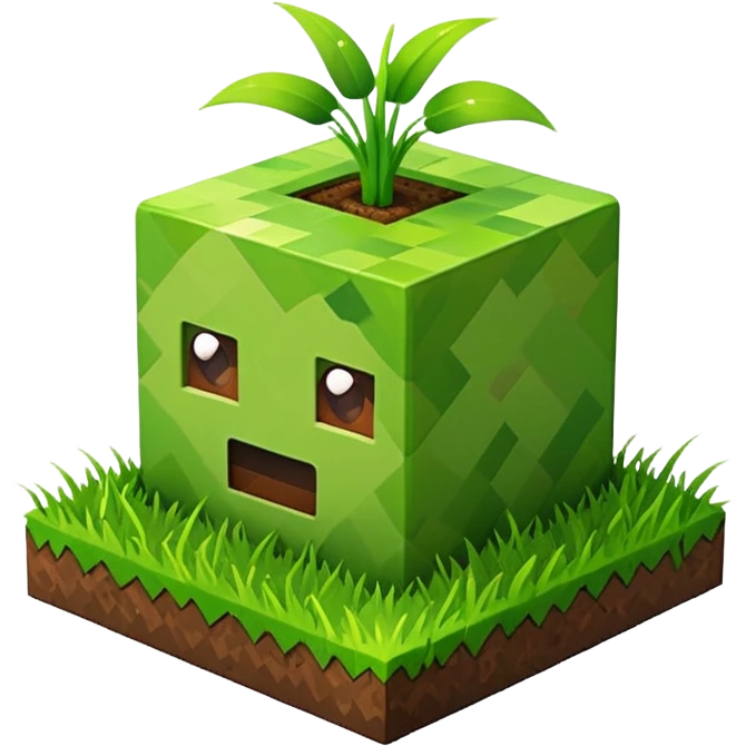 A 3D Apple-style emoji of a Minecraft grass block, cubic shape, with bright green grass on top and brown soil with pixel texture on the sides, simple and cute cartoon design. emoji