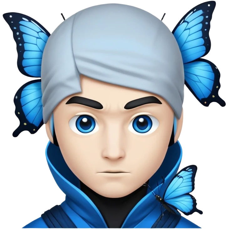 Crea una imagen con estos dos emoji 🥷🏻🦋
él ninja de piel blanca con la mariposa azu posada en el hombro como si estuviera volando. emoji