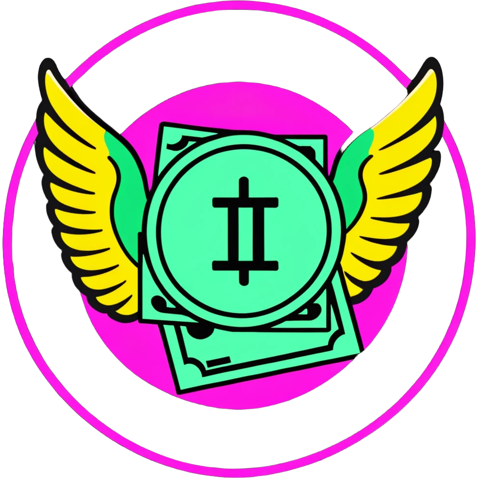 Minimalist sticker with white 'tt' letters on a black circle with cyan, magenta, and yellow dots below, money with wings emoji with street style influence emoji