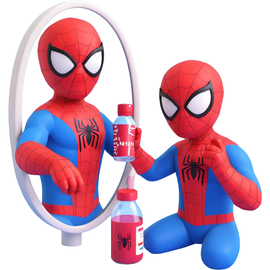 Spiderman holding a bottle of moisturizer, looking in a mirror, fun and casual emoji