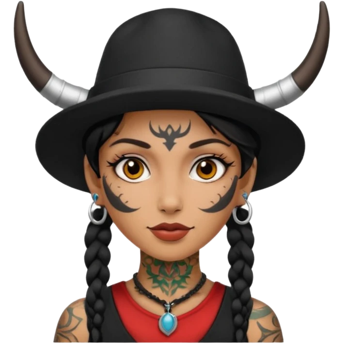 Woman with small horns — black hat, face tattoos emoji