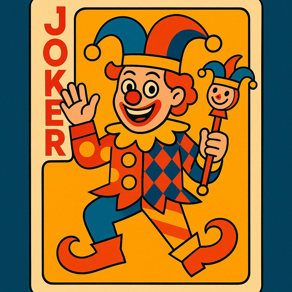 cartoonish joker clown on a playing card, silly hat, bright patterns, energetic vibe emoji