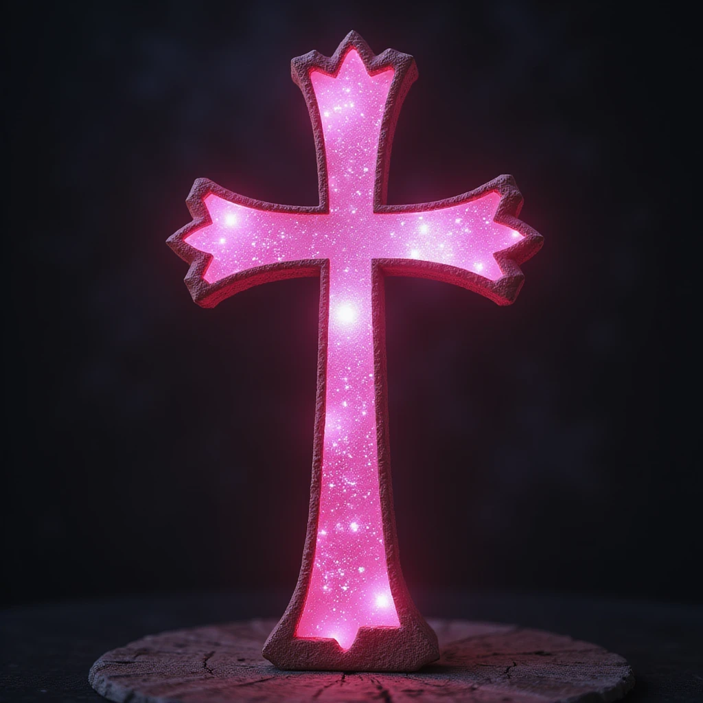 realistic gothic cross, pink with a starry night motif, photorealistic style, no background emoji