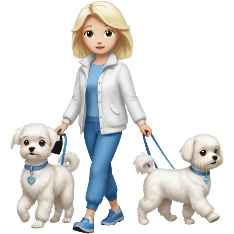 blonde woman wearing white, walking a maltese dog. emoji