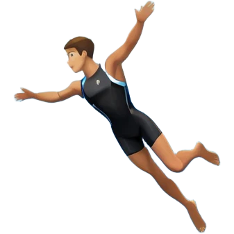 A diver mid-air, plunging from a high cliff into the sparkling ocean below. The background features rugged cliffs, clear blue water, and a bright sky, emphasizing the excitement and danger of the sport with a sense of freedom and adventure. emoji