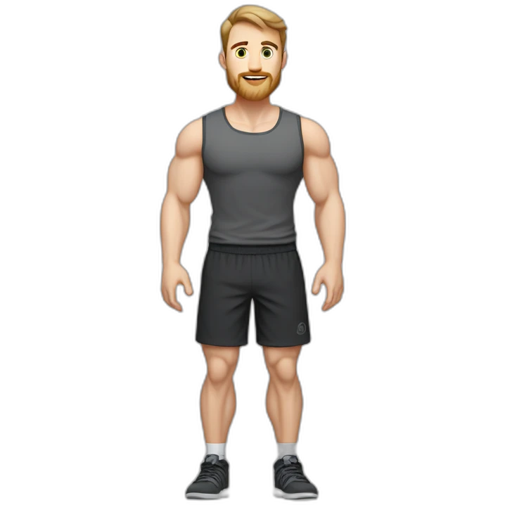 Full height Pale skinned fit man With biceps, Realistic eyes and mouth, light brown hair and stubble In dark gray sleeveless mike, black oversize sports shorts, watch and white sneakers. emoji