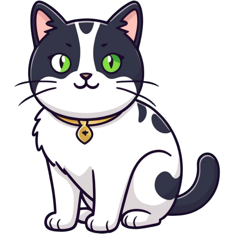 Female Tuxedo domestic short hair, more white than black similar to a cow, green/gold eyes emoji