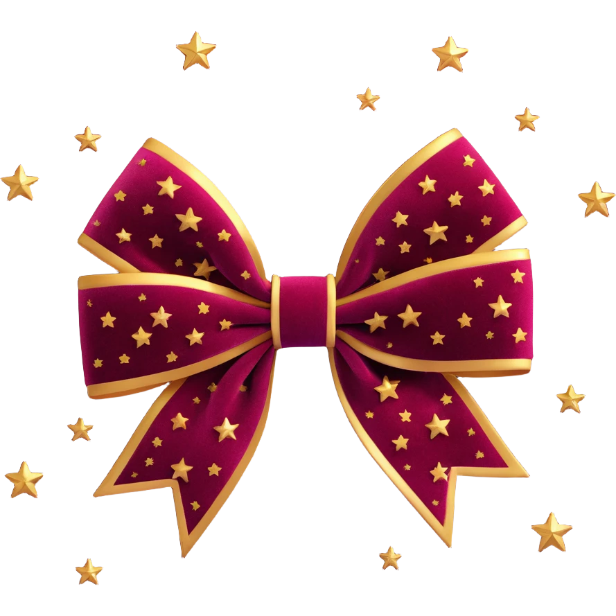 sparkly burgundy bow with gold outline and stars, soft velvet texture emoji