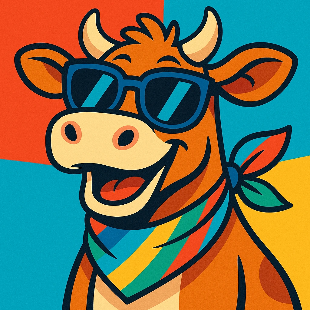 cartoon cow with big sunglasses and colorful neckerchief, cheerful expression, vibrant toon emoji