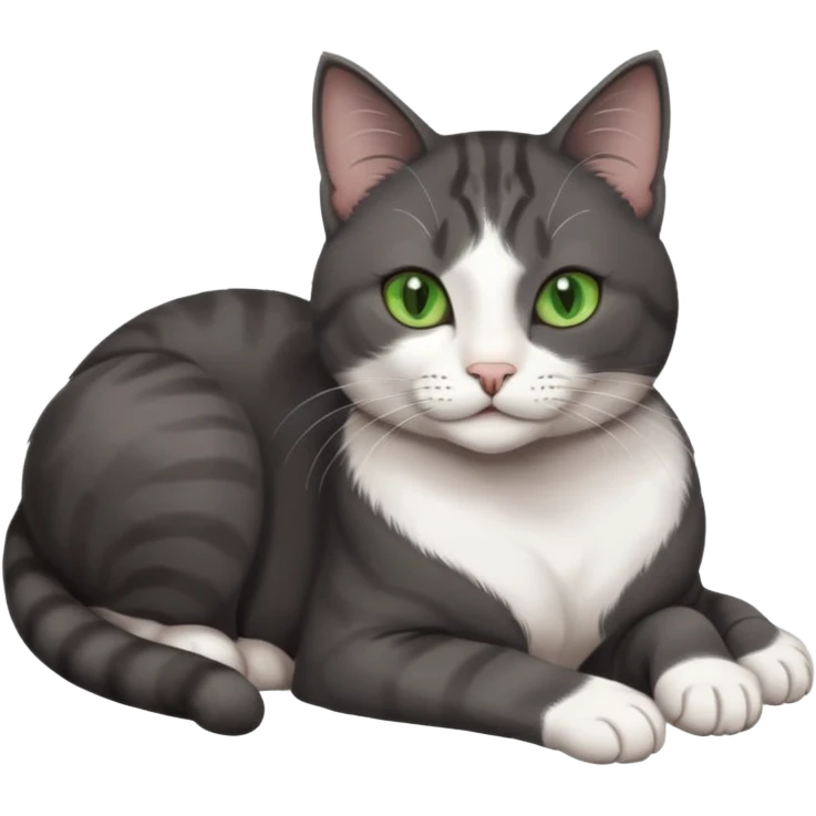 beautiful female solid dark grey cat with green eyes, white toes/paws and white patch on her chest lying down emoji