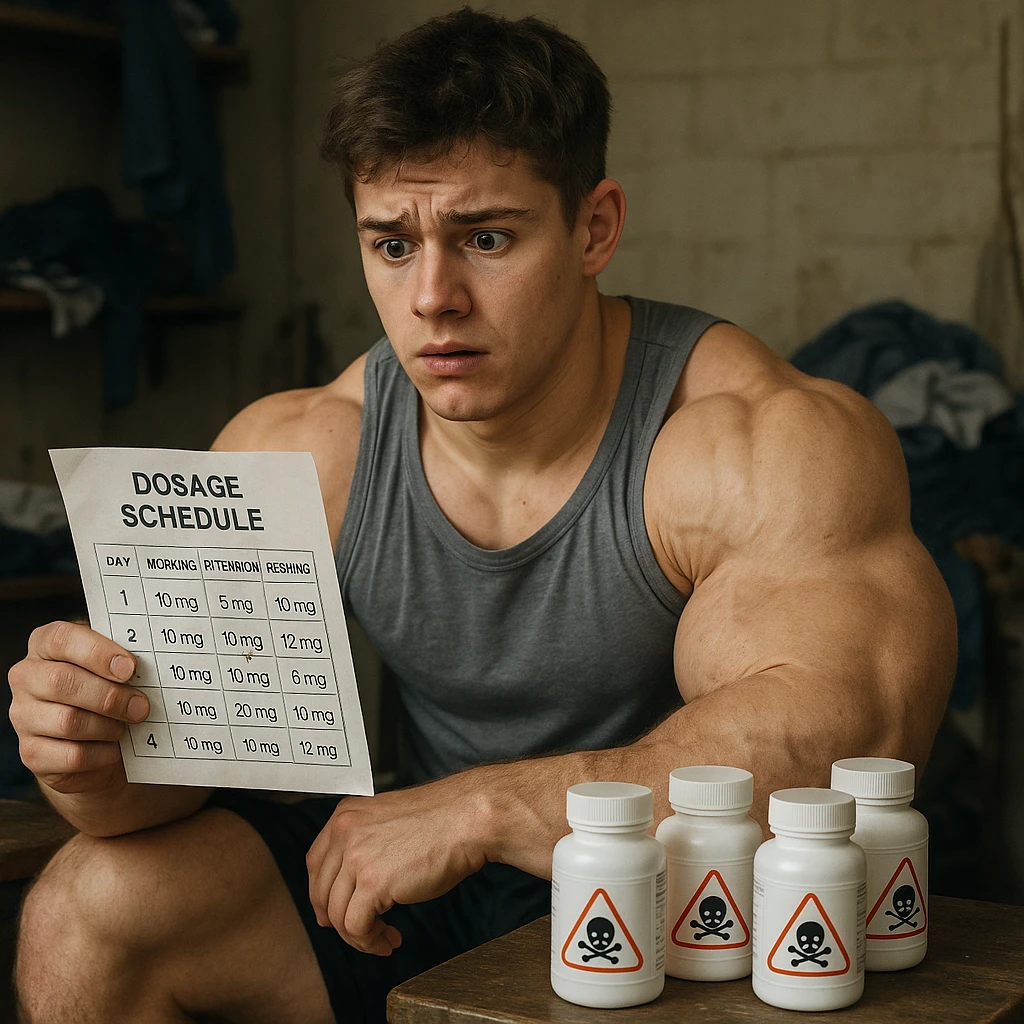 realistic young athlete with disproportionate muscles, surrounded by bottles of drugs with danger symbols, worried expression, dosage chart with obvious errors, messy room background, 4K quality emoji