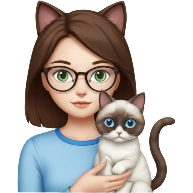 O data cu parul saten ,ochii griji-albastrii ,ochelari și codițe de pisica ..și langa o pisicuță alba pufoasa ,cu ochii verzi și o a doua pisica siameza pufoasa cu capul maro -negru și coada ,restul corpului un maro deschis spre alb  , ochii albaștrii  emoji