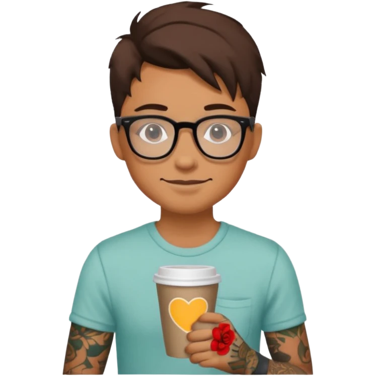 gözlük takan, dövmeli ve elinde kahve tutan, yaz kıyafetli insan emoji