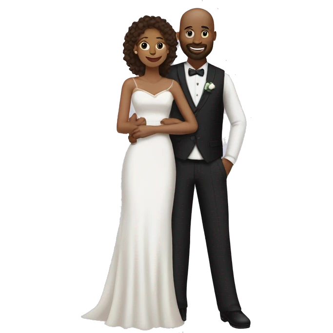Black bald man with a beard and his wife with long, brown, curly hair on their wedding day emoji