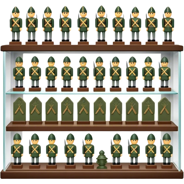 Icon for Miniature Collecting: a collection of finely detailed miniature items such as tiny army of soldiers, figurines and accessories, neatly displayed on a shelf or in a display case. The icon should convey the intricacy and charm of collecting miniature objects. Transparent background. emoji