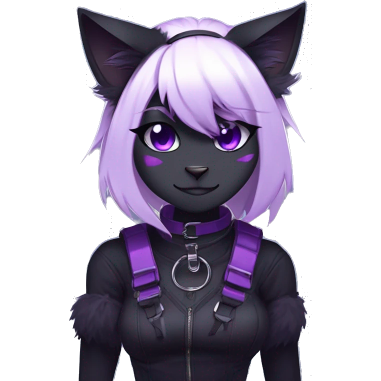 Gorgeous furry gothic dark techwear anime style anthro black cat furry sona Fakemon with blushing face aesthetic and pretty edgy black with violet collar and harness trending style emoji