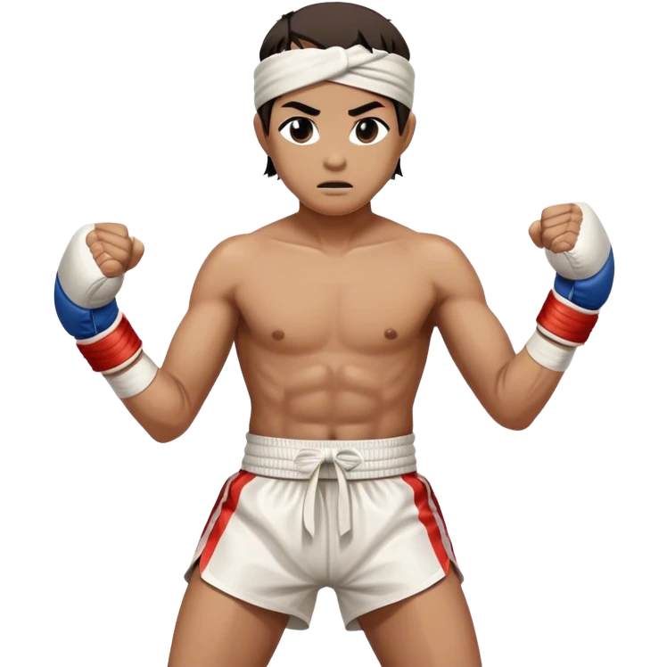 ​Cinematic Realistic Traditional Muay Thai Fighter, depicted in authentic attire featuring white bandaged gloves wrapped around his fists, a traditional headband tied neatly, and classic Muay Thai shorts, captured in a dynamic fighting stance under dramatic, high-energy lighting that highlights the raw power and elegance of the art, emoji