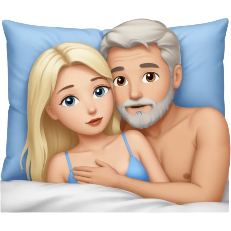 Cuddling Man with hazel eyes and gray beard kissing sexy  blonde blue-eyed  woman in bed emoji