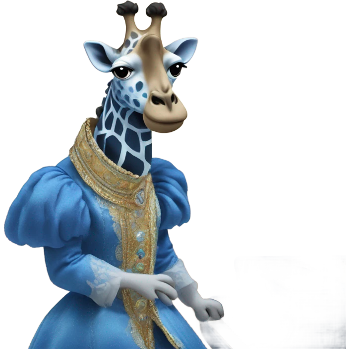 A fully blue furred giraffe is singing opera in a large fancy opera embroidered dress emoji